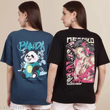 Womens printed cotton regular oversize t-shirt, Panda & Kuroko inscription
