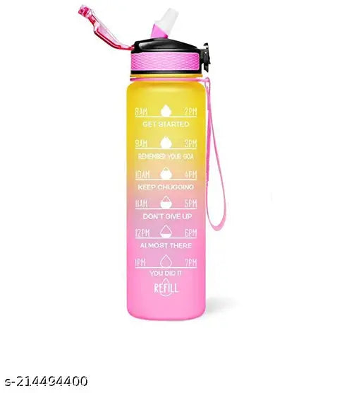 Pink & purple water bottle with time markers, leakproof lid, durable for gym & office use.
