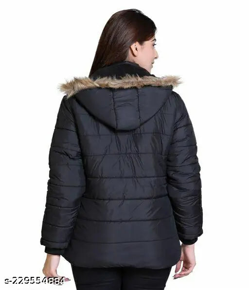 Winter black nylon jacket, solid pattern, long sleeves, L size (bust 38in, length 28in), India origin
