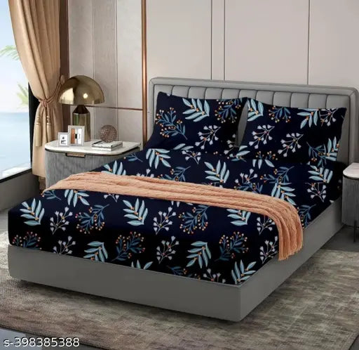 Premium Safari Black Branches Glace Cotton fitted bedsheet, 72x78 x 8 inch with 2 zig-zag pillow covers (17x27 inch), ideal for double beds during summer season