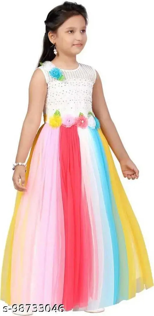 Fancy partywear net dress for girls, colorblocked and sleeveless, size 7-8 to 13 years