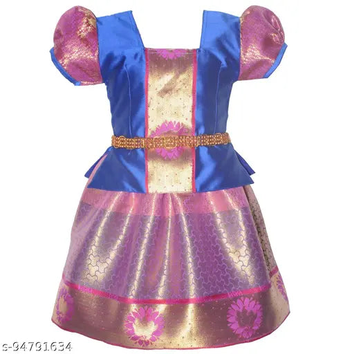 Cotton-silk Saranya Pattu Lehanga Choli with waist belt, traditional Indian kids' outfit featuring floral stitch design, suitable for festivals and parties