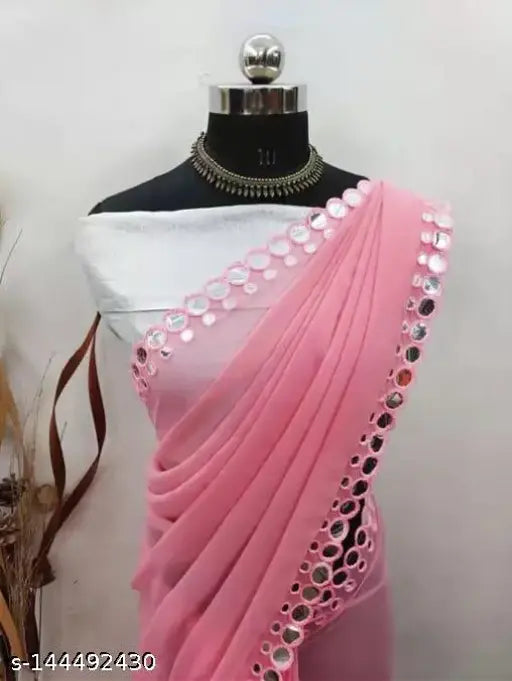 Pink Georgette saree with embellished mirror satara design