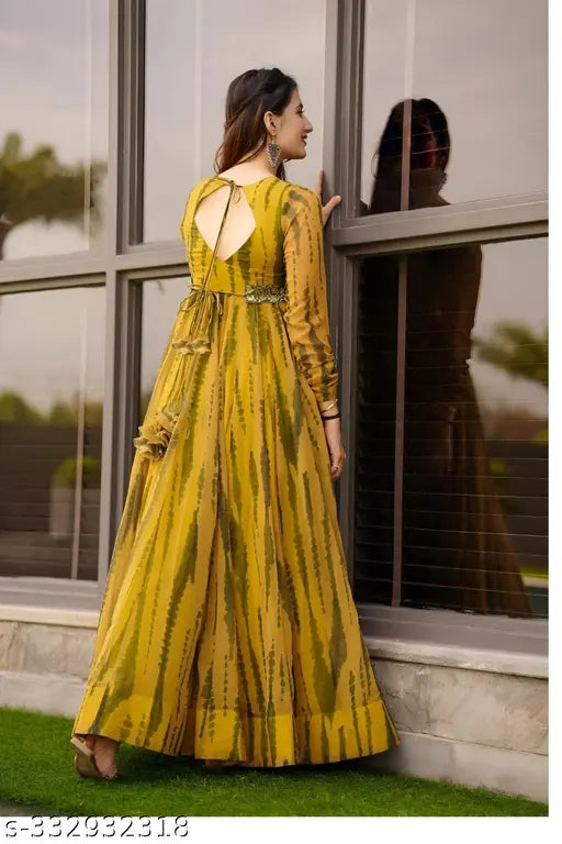 Georgette printed women's gown, vibrant, elegant, luxurious, India