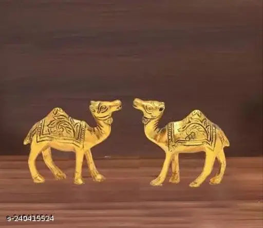 Golden metal Rajasthani camel showpiece pair, traditional handmade Indian art collection for living room decor, 10cm x 10cm x 7.5cm