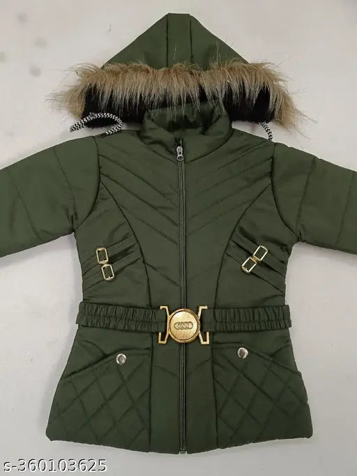 Green fur hood jacket, zip front closure