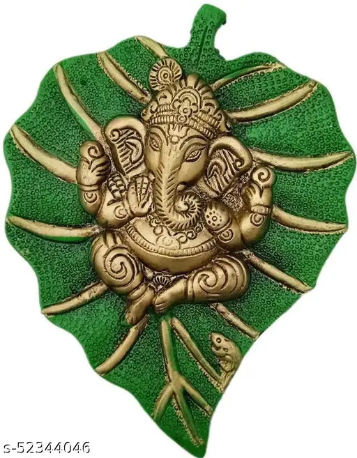 Gorgeous green Ganesh idol figurine, beautifully crafted white metal wall hanging for home decor