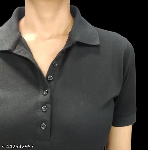 Solid black cotton blend polo t-shirt, short sleeves, versatile essential for women & girls