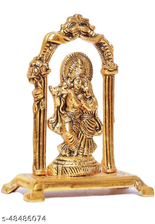 Gold-plated metal Krishna idol decor showpiece, 12.5 cm x 17.5 cm x 10 cm, traditional design for home worship and decor, Radha Krishna playing flute on jhula