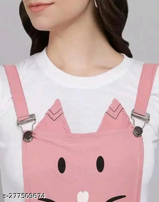 Cotton pink dungaree for women by M S Fashion House, printed net cat design with short sleeves, comfortable to wear