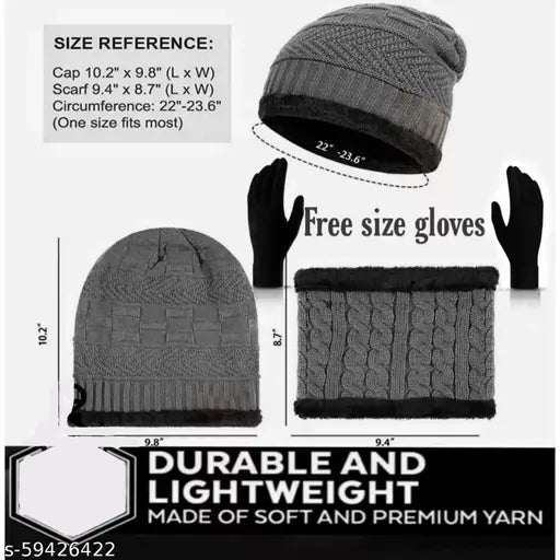Grey wool beanie, cap, free size gloves with neck warmer
