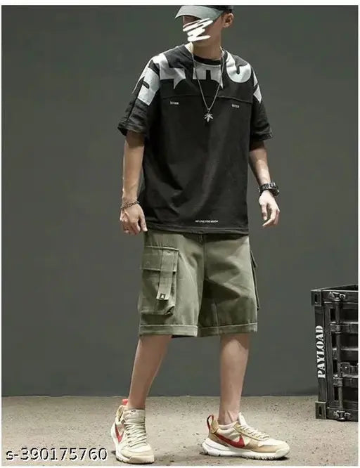 Men's loose cotton double-breasted short-sleeved T-shirt with five sleeves, popular logo print for men's summer athletic wear