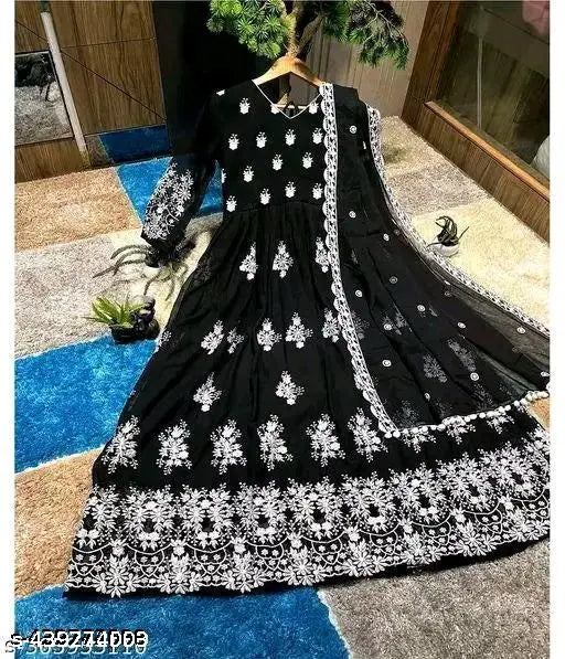 Classic georgette Chikankari long-sleeved women's gown, India-origin elegant evening wear