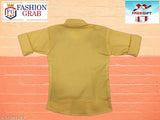 A brown boys short-sleeve jacket with a front pocket