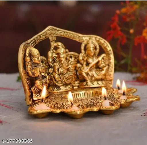 Metal Laxmi Ganesh Saraswati idol with 5 diya, Indian aluminum artistry