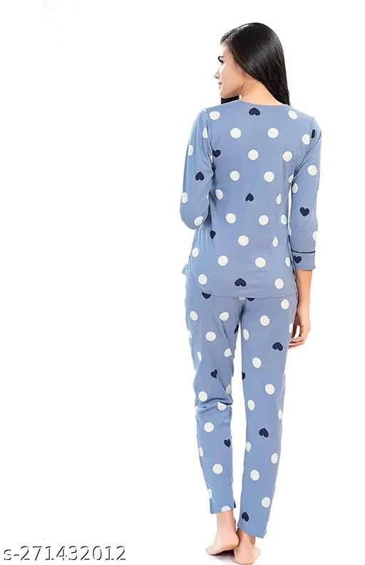 Sky blue satin polka dot print pyjama full sleeve set for women and girls by Jerry, imported fabric, three-quarter sleeves nightwear