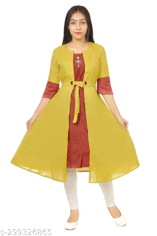 Yellow kurta with maroon collar and sleeves, full-length garment, long skirt