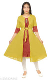 Yellow kurta with maroon collar and sleeves, full-length garment, long skirt