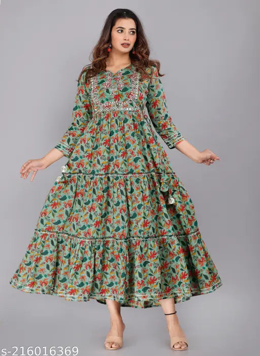 Fabulous embroidered cotton Anarkali Kurta for women, three-quarter sleeve, printed combo. Indian traditional wear on display stand