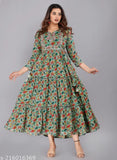 Fabulous embroidered cotton Anarkali Kurta for women, three-quarter sleeve, printed combo. Indian traditional wear on display stand