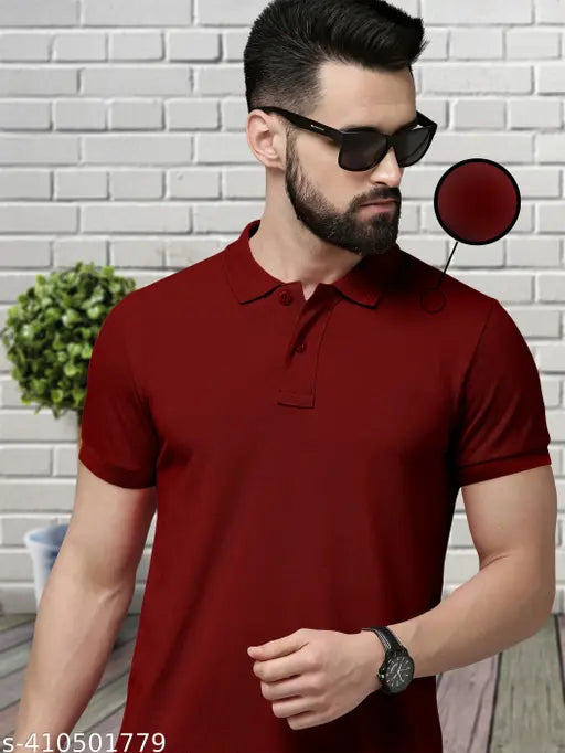 Stylish maroon polo dot knit cotton blend t-shirt for men and women, solid design on short sleeves