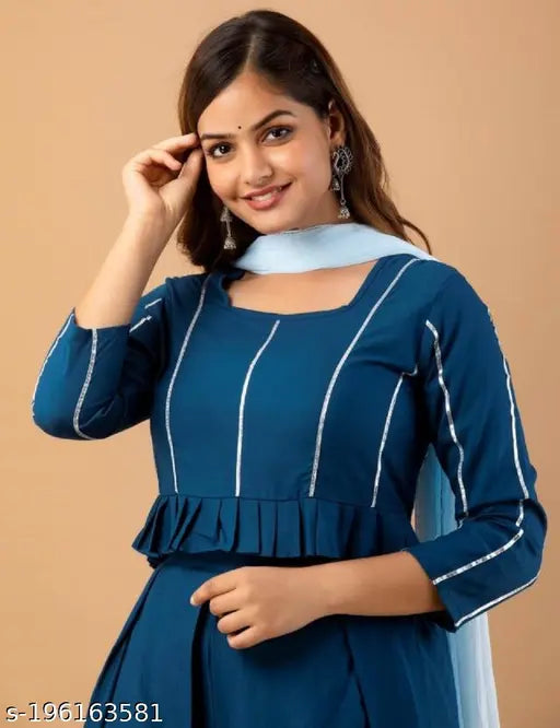 Teal blue rayon palazzo set with dupatta, elegant Indian fashion for women