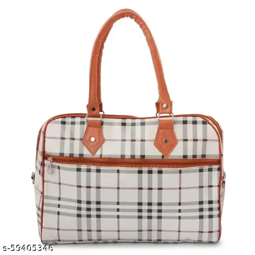 White checkered plaid handbag with orange trim, leather handles