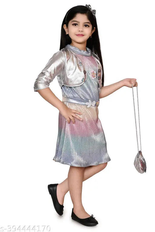 Multi Color Embellished Net Cloth Frock for Kids, Silk Blend, Sleeveless, Indian Craftsmanship
