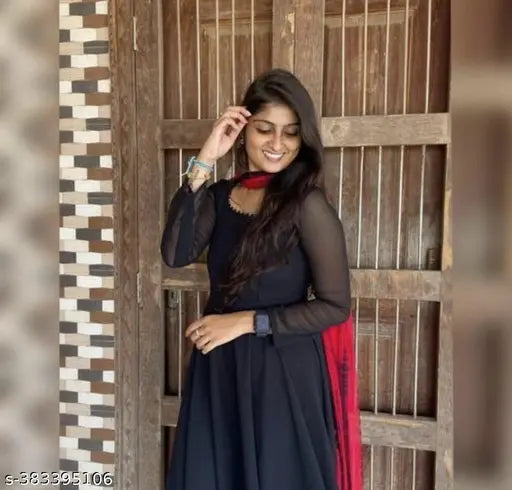 Georgette party wear for women, solid flared Anarkali kurta with long sleeves - ideal for summer, made in India (S: 36in bust/48in length)
