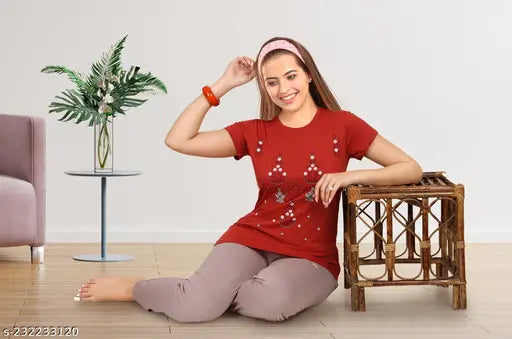 Cotton nightsuit set, Angel Curves women's printed pyjamas & top in multiple sizes (M-XXXL), Indian origin