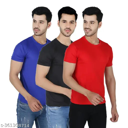 Stylish polyester round neck t-shirts pack of 3 for men, solid color with short sleeves, sizes S-XXL