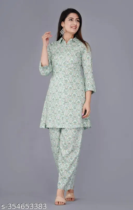 Women's floral printed green coord set, rayon formal & informal stylish co-ords on hanger