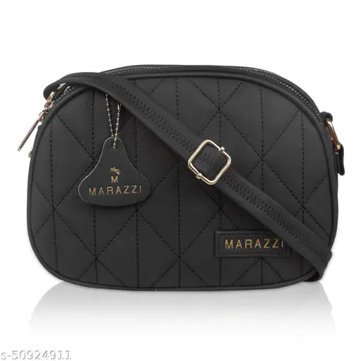 Black leather crossbody bag with zip closure, wallet tag attached