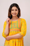 Yellow printed kurta with embroidery, for women, for festive and wedding wear