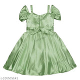 Silver satin flare knee-length frock dress with shoulder straps, featuring solid pattern for girls (6-9M, 9-12M, 2-3Y), India origin