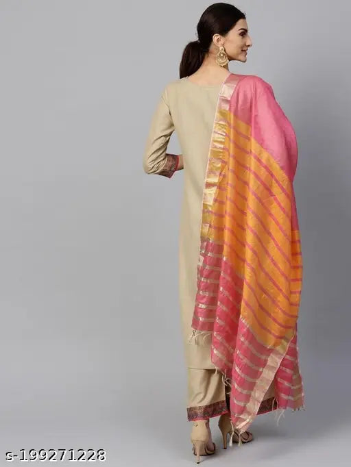 Pure cotton set with Chanderi dupatta: Solid-colored Indian kurta and bottomwear in pack of 3 with three-quarter sleeves, featuring a matching dupatta, suitable for sizes XXS to XXL