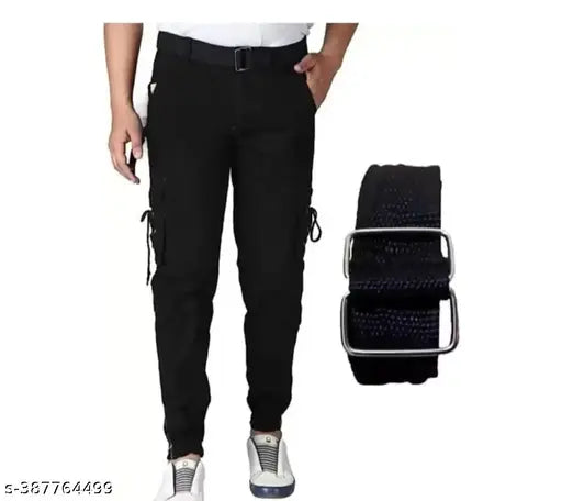 Men's black cotton blend cargo jeans, solid design for modern fit - size 28/30/32/34/36 (WAIST: 28in, LENGTH: 41in, HIP: 32in, 34in, 36in, 38in)