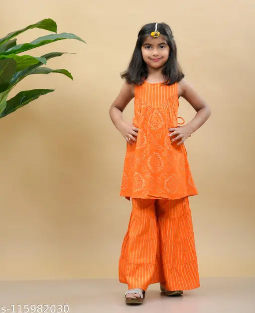 Rayon striped essential kurta sets for kids, sleeveless, above knee length, India-origin