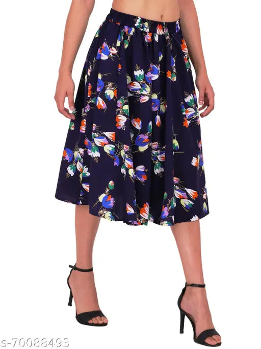 Navy blue floral print mid calf length women's skirt, polyester material