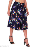 Navy blue floral print mid calf length women's skirt, polyester material