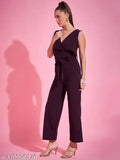 V neck polycotton full length jumpsuit with belt, solid design for women's fashion