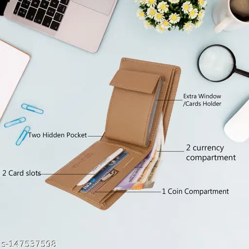 Trendy men's beige faux leather wallet (mini, 9 card slots), solid pattern with secret compartments and zip pocket for coins, gift box included