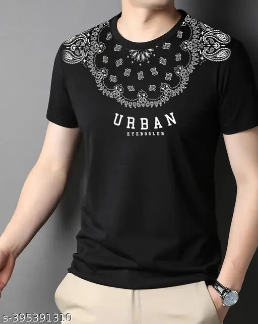 Black cotton blend EyeBogler men's typography regular round t-shirt, short sleeves, Summer Collection refresh wardrobe, printed design on front chest