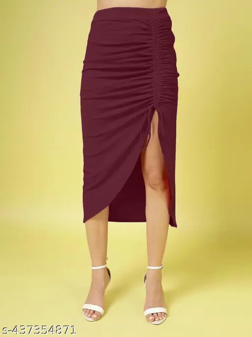 Purple stretchable Lycra skirt for women's western wear, adjustable drawstring design. Solid fabric suitable for formal, casual, or occasion wear. Made in India