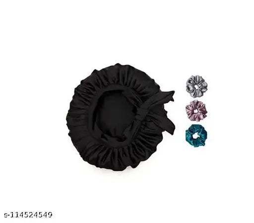 Black silk satin night sleep cap with free scrunchies for hair care and beauty, head cover with soft cushioning