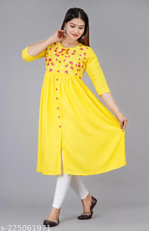 Rayon Anarkali floral embroidery kurti, vibrant Indian ethnic wear for women