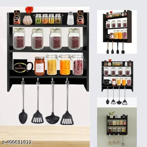 Black wood wall-mounted kitchen shelf with spices and jarred goods