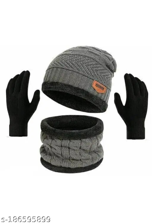 Wool winter cap, neck scarf/warmer with hand gloves (2-in-1 set), unisex acrylic woolen beanie & muffler for Men & Women in random color
