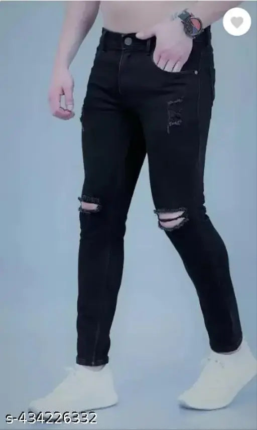 Men's black slim fit jeans with distressed knee detailing