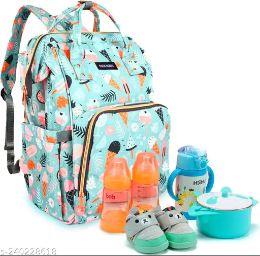 Light blue unicorn diaper bag by INSHA KIDS, waterproof polyester net with 3-layered protection. Includes 13 pockets, 3 insulated milk bottle holders, and anti-theft back pocket. Adjustable, cushioned straps for comfortable 3-way carrying. Perfect for maternity on-trend essentials